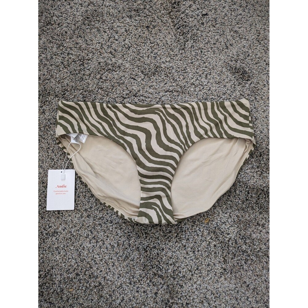 NWT Andie Swim The Hipster Bikini Bottom Bias Animal Stripe Olive Resortwear SM